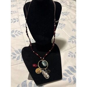 Boho Beaded Pendant Necklace Multi Charm Feather Coin Gemstone Adjustable Cord